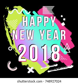 Vector trendy New Year 2018 greeting card with chaotic geometric and brush painted elements
