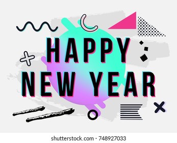 Vector trendy New Year 2018 greeting card with chaotic geometric and brush painted elements