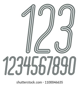 Vector  trendy numbers collection. Retro italic condensed numerals from 0 to 9 best for use in poster creation. Made with triple stripy decoration.

