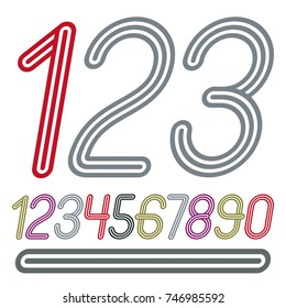 Vector  trendy numbers collection. Retro italic numerals from 0 to 9  best for use in poster creation. Made with triple stripy decoration.