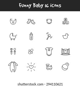 Vector trendy outline black and white 16 baby icons set. Newborn theme symbols collection