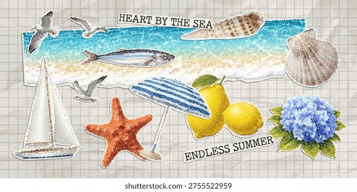 Vector trendy paper cutout summer elements with stipple effect. Modern collage template.