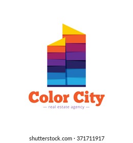 Vector trendy paper style multicolor skyscrappers logo. Real estate flat logotype