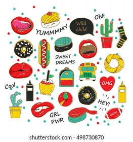Vector trendy patch badges with the lips, donuts, cacti and other elements for girls. Youth illustration with inscriptions on white background. Set of stickers, patches in cartoon 80s-90s comic style.