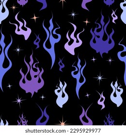 Vector trendy pattern in y2k style with fires and stars. Hippie shapes design. Retro futuristic elements for design.