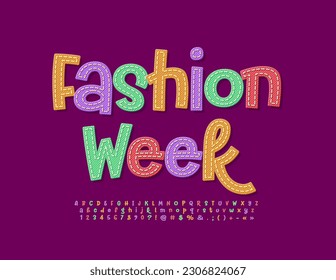 Vector trendy poster Fashion Week. Colorful denim Font. Handwritten set of stylish Alphabet Letters, Numbers and Symbols