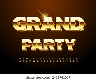 Vector trendy poster Grand Party. Exclusive Gold Font. 3D Cool Alphabet Letters and Numbers.