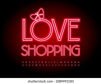 Afiche de moda vectorial Love Shopping con mariposa decorativa. Fuente Neon roja. Elegantes letras y números de alfabeto brillante
