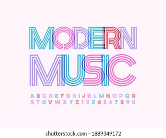 Vector trendy poster Modern Music. Colorful maze Font. Creative Alphabet Letters and Numbers set