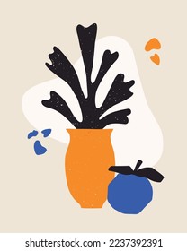 Vector trendy poster of pot with flower coral and apple in minimalistic aesthetic style. Floral flat Matisse inspired cut out simple illustration for print, cover, decoration, wall art poster, collage