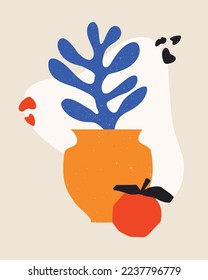 Vector trendy poster of pot with flower coral and apple in minimalistic aesthetic style. Floral flat Matisse inspired cut out simple illustration for print, cover, decoration, wall art poster, collage