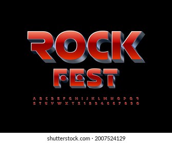 Vector trendy poster Rock Fest. 3D Red and Iron Font, Abstract style Alphabet Letters and Numbers set