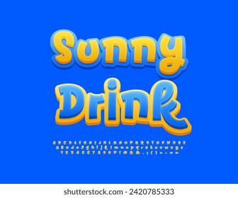 Vector trendy poster Sunny Drink. Yellow and Blue bright Font. Funny Modern Alphabet Letters and Numbers.