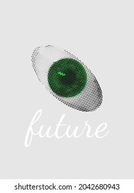 Vector Trendy Poster template with Halftone Wide open eye isolated on background, front view.