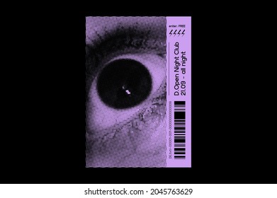 Vector Trendy Poster template with Halftone Female Wide open eye on black background, front view.