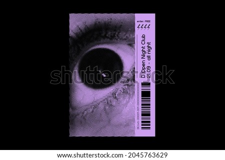 Vector Trendy Poster template with Halftone Female Wide open eye on black background, front view.