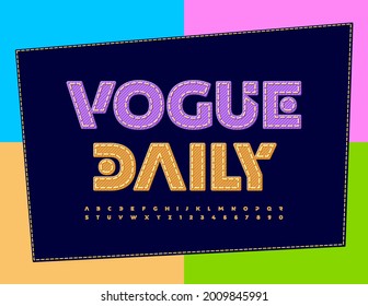Afiche Vector Trendy Vogue Daily. Tipo de letra Denim. Letras y números de alfabeto textil