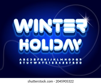 Afiche de moda vectorial en vacaciones de invierno. Fuente eléctrica creativa. Letras y números de alfabeto azul iluminados
