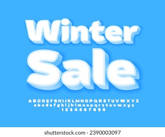 Vector trendy poster Winter Sale. Snow White 3D Font. Artistic Alphabet Letters and Numbers set