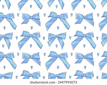 Vector trendy print. Blue ribbon bows and hearts on a white background. Sketch by hand. Seamless fashionable pattern.