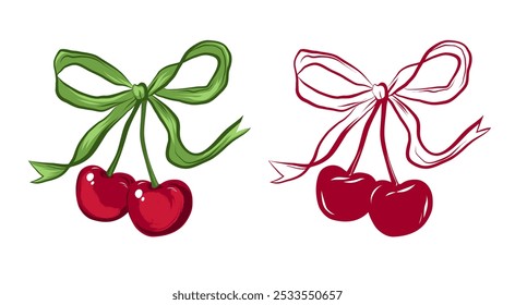 Vector trendy print. Two cherries on a white background. Green ribbon bow. Two print options: bright colorful and silhouette burgundy in tattoo style. Hand drawing with markers.