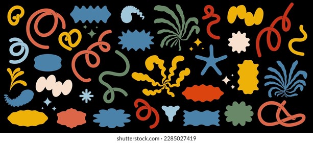 Vector trendy quirky shapes. Strange organic and geometric shapes, icons, objects. Various contemporary abstract stylish brutalism geometric shapes. Modern abstract doodles isolated on black backdrop