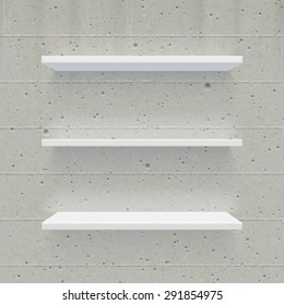 Vector trendy realistic illustration of simple empty white shelves on concrete wall. High quality design element.