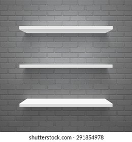 Vector trendy realistic illustration of simple empty white shelves on black brick wall. High quality design element.