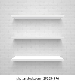 Vector trendy  realistic illustration of simple empty white shelves on brick wall. High quality design element.