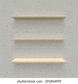 Vector trendy realistic illustration of simple empty wooden shelves on concrete wall. High quality design element.