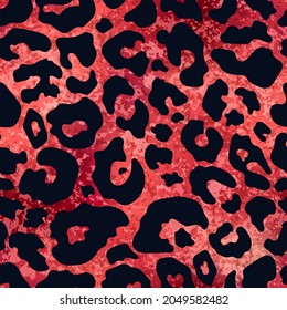 Vector trendy red gold leopard spot abstract seamless pattern. Wild animal cheetah skin red metallic foil texture for fashion print design, cover, wrapping, digital paper, wallpaper, background.