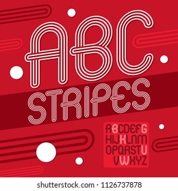 Vector trendy retro uppercase alphabet letters collection. Disco rounded type font, script from a to z can be used for logo creation. Made with triple stripy decoration.