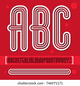 Vector trendy retro uppercase alphabet letters collection. Disco thin, narrow type font, script from a to z can be used for logo creation. Made with geometric parallel triple lines.