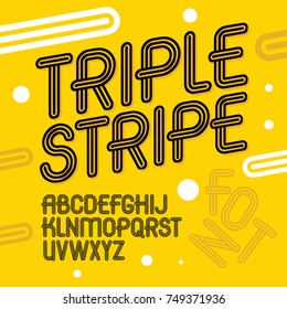 Vector trendy retro uppercase alphabet letters collection. Disco type font, script from a to z can be used for logo creation. Created using triple stripy, parallel lines.