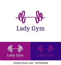 Vector trendy ribbon dumb-bell lady gym logotype. Modern logo in overlapping technique