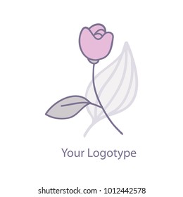 Vector trendy rose logo in pastel pink and lilac colors for flower store, beauty salon, wedding, spa or yoga studio, organic cosmetics logo, badges, emblems template. Hand drawn flat style