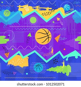 Vector Trendy seamless basketball pattern. Geometric Abstract Background for sport design of postcards, posters, banners, textiles, flyers, booklets, grunge style. Hand Drawn. Collage.