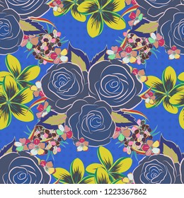 Vector trendy seamless floral pattern. Stylized hand drawn blue, yellow and pink roses.