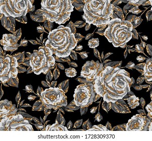 Vector trendy seamless floral pattern with gray and sparkle gold glitter leaves, roses and peony flowers on black background