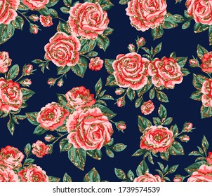 Vector trendy seamless floral pattern with red and sparkle gold glitter leaves, roses and peony flowers on dark blue background 