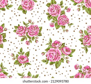 Vector trendy seamless floral pattern with pink and sparkle gold glitter roses, peony flowers and polka dots on white background