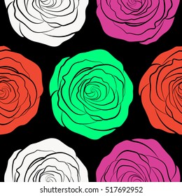 Vector trendy seamless floral pattern. Stylized hand drawn neutral, red and pink roses.
