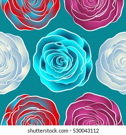 Vector trendy seamless floral pattern. Stylized hand drawn purple, blue and red roses.