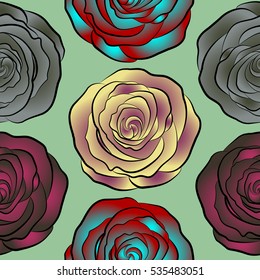 Vector trendy seamless floral pattern. Stylized hand drawn red, neutral and purple roses.