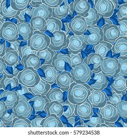 Vector trendy seamless floral pattern. Stylized hand drawn blue roses.