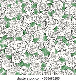 Vector trendy seamless floral pattern. Stylized hand drawn neutral roses and green leaves.