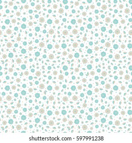 Vector Trendy seamless Floral Pattern. Small flowers in beige and blue colors on a white background.