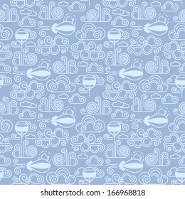 Vector Trendy Seamless Pattern with Airships and Balloons in the Sky