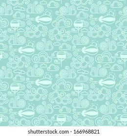 Vector Trendy Seamless Pattern with Airships and Balloons in the Sky