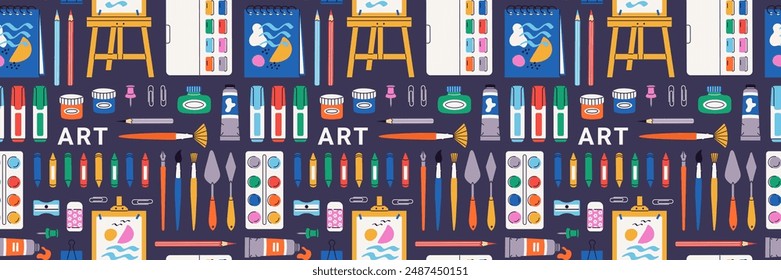 Vector trendy seamless pattern with art supplies. Art supply background. Watercolor paint, pencil, paint tubes, watercolor, crayons, color palette, brushes, palette knife. Hand drawn flat illustration